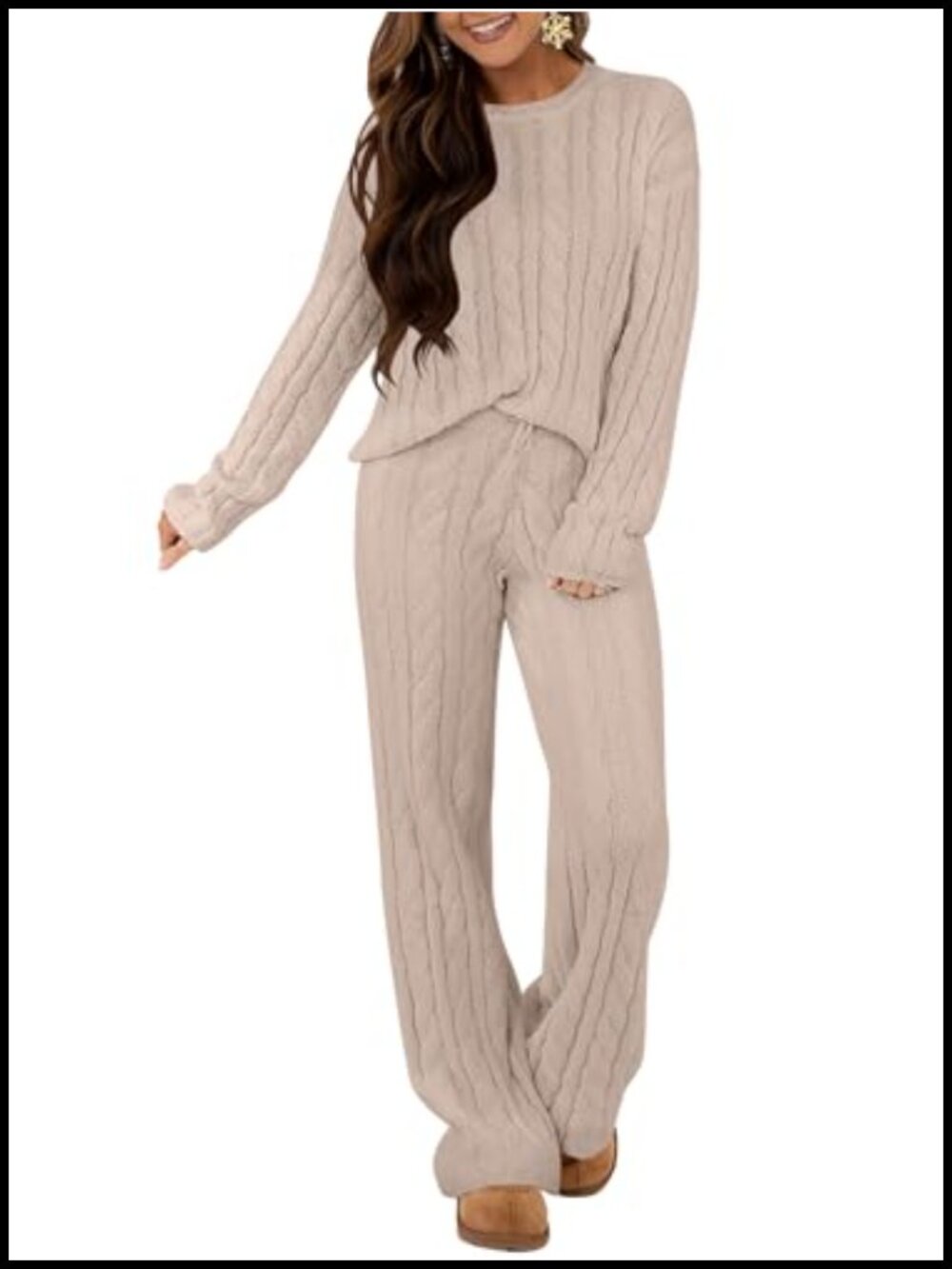 Cozy Cable Knit Sweater and Wide Leg Pants Lounge Set for Women - Picture 1 of 6